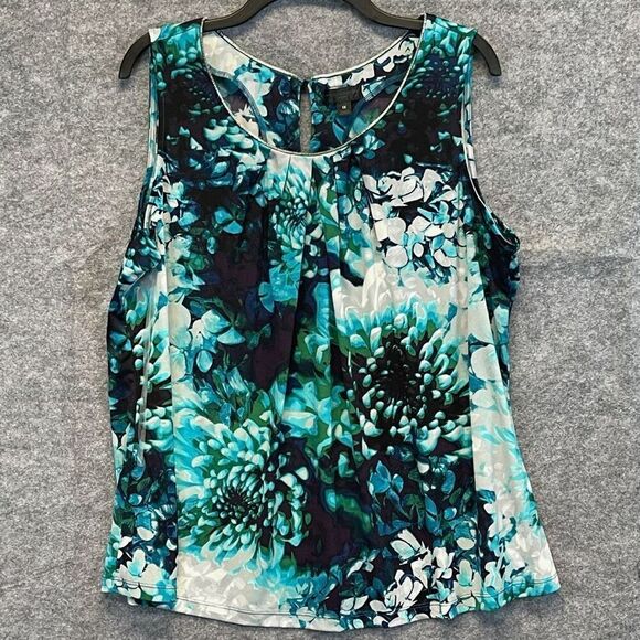 NWT WORTHINGTON Tank Top Women's 1X Blue Green Floral Sleeveless Pleated Keyhole - Picture 1 of 14